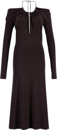 Ferragamo Elegante Espresso Crepe Jurk met Gouden Kralen - Dames - Casual kleedjes - Bruin - XS - Kleedjes