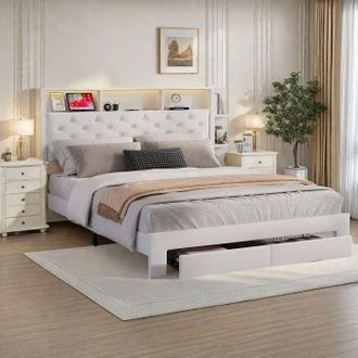 OEM Cama Adulta Doble 140x200 Cm Con Almacenamiento, Tejido De Terciopelo Blanco, Funci&oacute;n De Control Remoto Y Acabado Efecto Madera - Dise&ntilde;o Minimalista