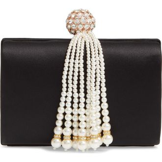 Nordstrom Imitation Pearl Fringe Satin Minaudi&egrave;re in Black at Nordstrom