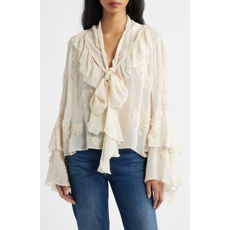 Mango Blusa Gigi Floral Embroidered Tie Mock Neck Top in Ecru at Nordstrom, Size 4