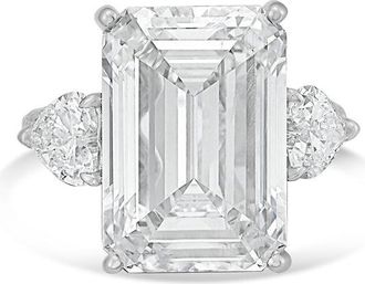 Diana M. Jewels Platinum Lab grown 12ct Emerald diamond ring with heart diamonds on the side and micropave band