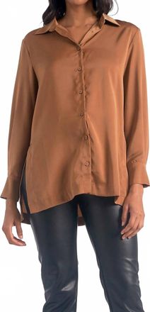 Elan Button Down High Slit Blouse In Brown