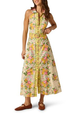 Adrianna Papell Floral Belted Cotton Maxi Shirtdress in Pale Yellow at Nordstrom, Size 14