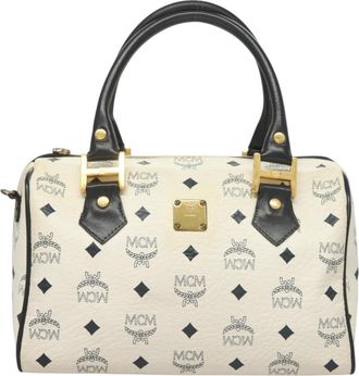 MCM Visetos Handbag Canvas And Leather White Canvas Bag (Pre-Owned)