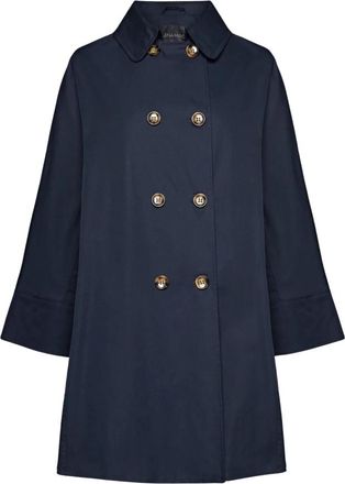 Elena Miro Trenchcoat van katoenmix gabardine in een klassieke lijn met dubbele rij knopen en een contrasterende kraag - Dames - Mantel - Blauw - 3XL - Katoen - 