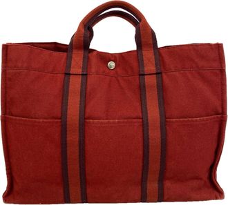 Herm&egrave;s Red Color Canvas Tote Bag (Pre-Owned)