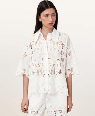 AllSaints Polyester Charli Relaxed Fit Embroidered Shirt, Size: UK 16/US 12
