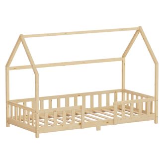 ML Design Ml-design Cama Infantil 90x200 Cm En Forma De Casa, Madera Maciza De Pino Natural Con Protecci&oacute;n Antica&iacute;da, Techo Y Somier De L&aacute;minas, Cuna De Suelo P