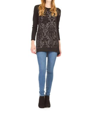 Papillon Textured Damask Front Hi Low Tunic In Black