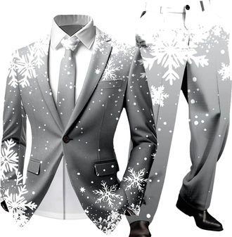 Generic Mens Suits Christmas Cute Cartoon Reindeer Snowflake Color Blovk Printed Coats and Trousers 2 Piece Sets Slim Fit Classic Xmas Holiday Jackets Novelty