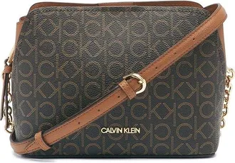 Calvin Klein Hailey Signature Triple Compartment Chain Crossbody Cross Body Womens Handbags Brown/Khaki/Caramel Linear, Synthetic