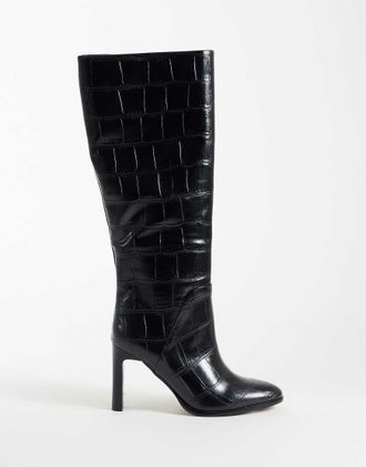 Asos Claribel stivali al ginocchio con tacco e zip in nero effetto coccodrillo
