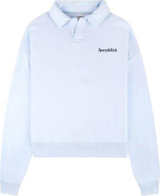 Sporty & Rich Serif Logo Geborduurd Poloshirt - Dames - Polos - Blauw - M - Tops