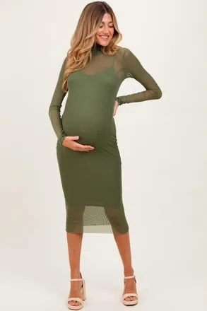 Pinkblush Mesh Overlay Fitted Midi Dress in Olive Green at Nordstrom, Size Medium