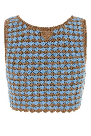 Prada Womens Tow-Tone Crochet Crop Top Cammello+azzurro Exterior: Cotton Maglie Sweater