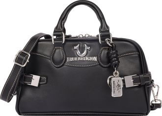 True Religion Brooks Smooth PU Belted Satchel - Womens Top Handle Satchel with Detachable Crossbody Strap (Black)