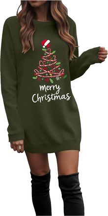 Generic Christmas Dresses for Women Ladies Christmas Dress Round Neck Xmas Graphic Print Long Sleeve Jumper Dress Casual Jumper Long Sleeve Winter Mini Casual