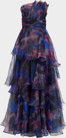 Theia Seona Tiered Abstract-Print Organza Gown