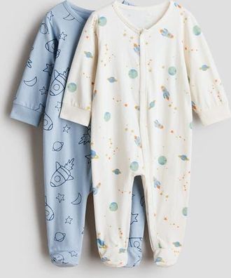 H&M 2-pack cotton pajama jumpsuits in Light Blue/space at Nordstrom, Size Preemie