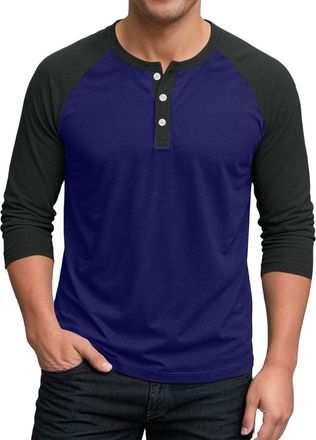 Generic Henley Shirts for Men Color Block T-Shirts Jersey Baseball Raglan Long Sleeve Shirt Button Down Tops Casual Blouses Camisetas para Hombre Cuello V(Dar