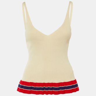 Sandro Beige Striped Rib Knit Ruffled Top