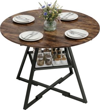 HOMCOM Homcom Mesa De Comedor Redonda, Mesa De Cocina Para 4 Personas Con Estante, Marco Met&aacute;lico, Para Sala De Estar, &Oslash;100x76 Cm, Marr&oacute;n R&uacute;stico