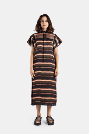 sacai Womens Oversized Shirt Dress Horizontal Multicolored Stripes Khaki