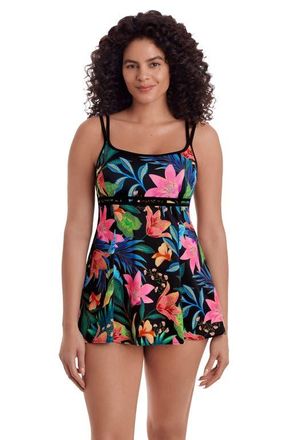 Longitude Empire Princess Seam Long Torso Swim Dress in Midnight Black Plumeria at Nordstrom, Size 18