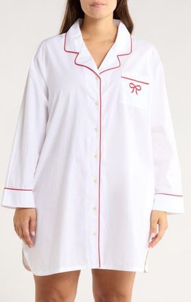 Nordstrom Classic Piped Cotton Nightshirt in White- Red Bow at Nordstrom, Size 1X