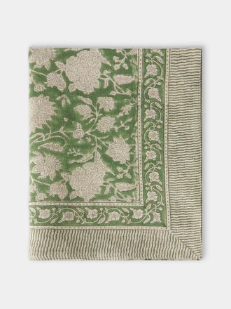 Chamois Indian Rose Block-Printed Linen Rectangular Tablecloth (106.5in/2.7m)