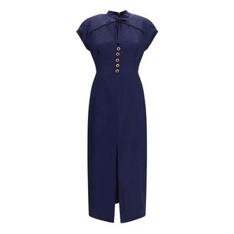 Alessandra Rich Zijden midi jurk met knopen en contrasterende biezen - Dames - Jurken - Blauw - Maat: S Zijde
