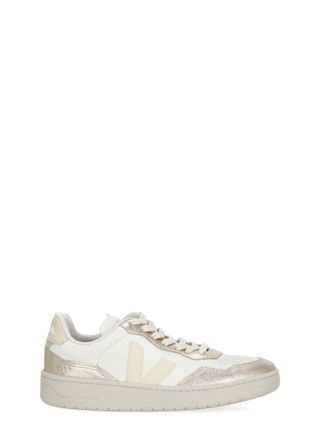 Veja White V-90 Gold Accent Leather Sneakers