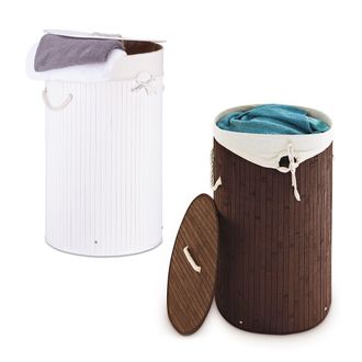 Relaxdays Juego De 2 Cestas Redondas Para La Ropa, Sistema De Separaci&oacute;n De Bamb&uacute;, Bolsa Extra&iacute;ble, 80 L Cada Una, Marr&oacute;n Y Blanco