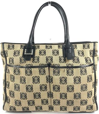 Loewe Beige Black Leather Canvas Handbag Tote Bag (Pre-Owned)