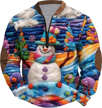 Generic Christmas Jumpers for Men 1/4 Zip Ugly Christmas Sweatshirt Pullover Mens Long Sleeve Crew Neck Funny Printed Xmas Jumper Warm Cosy Xmas Sweatshirts T