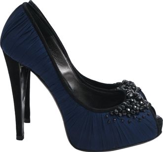 Giorgio Armani Embellished Peep-Toe Pumps in Navy Blue Satin