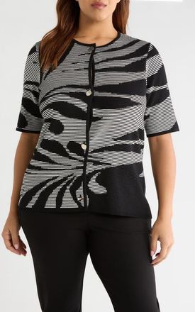 Anne Klein Short Sleeve Button Front Cardigan in Anne Black/White Dove at Nordstrom, Size 3 X
