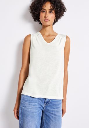 Street One Shirttop STREET ONE, Damen, Gr. 38, weiss (sanftes wei&szlig;), Jersey, Obermaterial: 78% Polyester, 22% Viskose, unifarben, regular fit taillenbedeckt, V-A