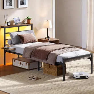 Yaheetech Homevive Estructura De Cama De 90 &times; 200 Cm Con Cabecero Led Y Estaci&oacute;n De Carga, Base De Cama Met&aacute;lica Con Estante De Almacenamiento, Negro
