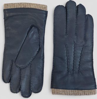 Infinity Leather Mens Navy Blue Italian Leather Warm Wool Lining Winter Riding Driving Casual Gloves