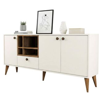 Dmora Aparador Lagarto, 4 Estantes, 1 Caj&oacute;n, 3 Puertas, 180x35x81h Cm Blanco Crema