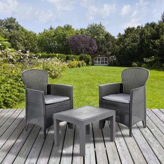 Dmora Dmora - Sal&oacute;n De Jard&iacute;n Dzucco, Conjunto De Jard&iacute;n Con 2 Sillones Y 1 Mesa De Centro, Zona De Estar Efecto Rat&aacute;n Con Cojines, 100% Made In Italy, Antr