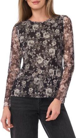 Ted Baker Floral Long Sleeve Mesh Top in Rich Black at Nordstrom Rack, Size X-Small