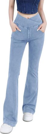 Generic Flared Bootcut Jeans with Pocket Work Pants for Women Crossover High Waisted Workout Bootleg Trousers Stretchy Tummy Control Full Length Wide Leg Pala