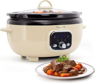 MegaChef 3.7 Quart Oval Electric Digital Slow Cooker in Cream with Black Pot