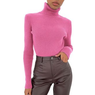 Generic Hot Pink Sweaters for Women UK Turtle Neck, Womens Knitted Sweater, Cable Knit Ribbed Sweater Long Sleeve Tops High Neck Ladies Pullover Base Tops Aut