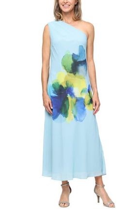 S.L. Fashions Placed Floral One-Shoulder Chiffon Cocktail Dress in Blue/Multi at Nordstrom, Size 12