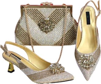 Generic Womens Luxury Rhinestone Flowers Pointed Toe Stiletto High Heel Shoes and Gold Long Chain Shoulder Strap Bags