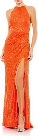 Mac Duggal Sequin Open Back Halter Neck Gown in Tangerine at Nordstrom, Size 2