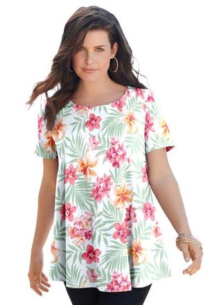Roaman's Plus Size Ultimate Cotton Crewneck Short Sleeve Swing Tee in Orange Tropical Floral at Nordstrom, Size Medium